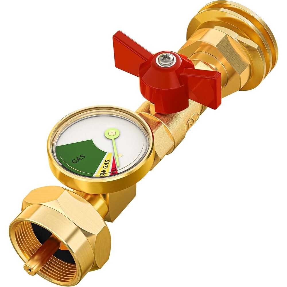 Propane Adapter 20lb to 1lb Converter w Valve Gauge Solid Brass QCC1 Female POL